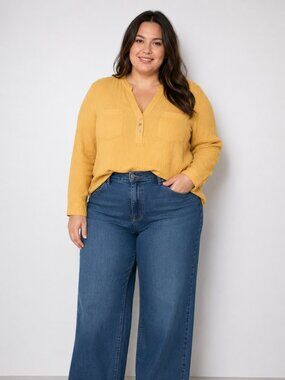 Mote Mustard Yellow 100% Cotton Gauze Henley Blouse Large Boho Lightweight